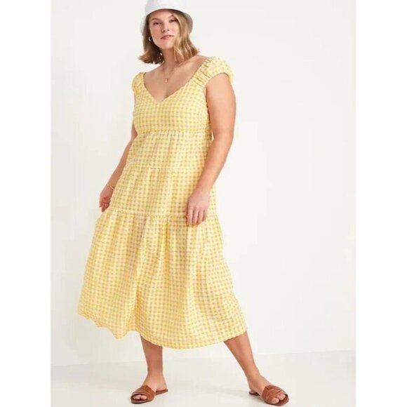Old Navy Womens M Fit Flare Tiered Seersucker All Day Yellow Gingham Maxi Dress - Picture 1 of 12